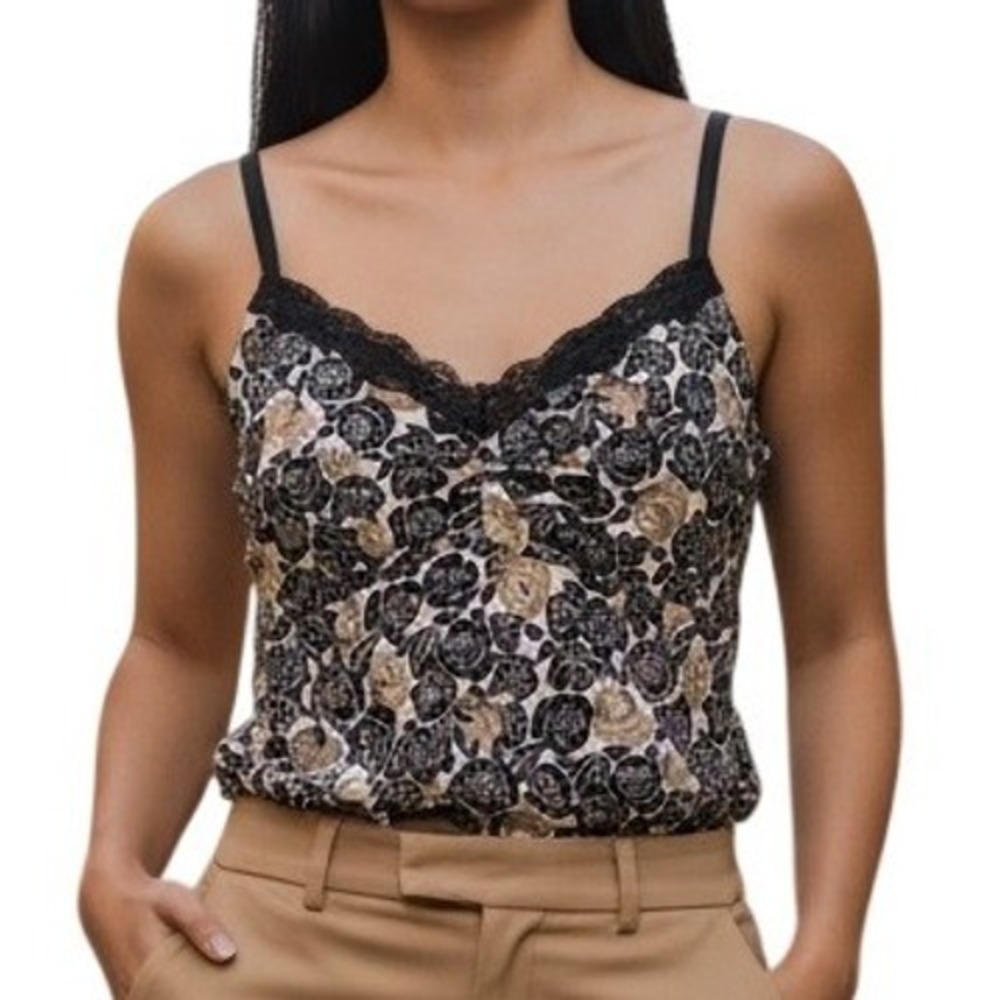 WHITE HOUSE BLACK MARKET Rose Floral Lace Trim Camisole Tank Top Black Tan EUC M